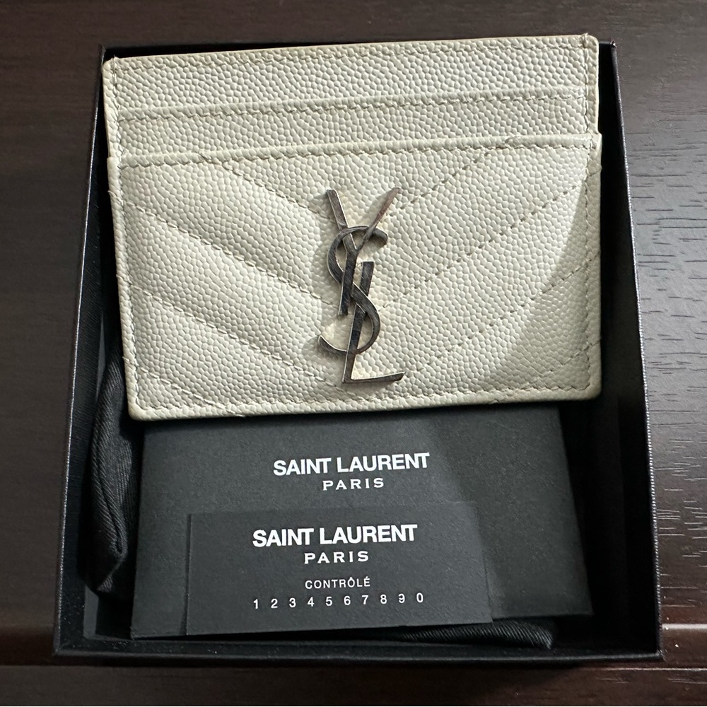 YSL Cassandre Matelassé Card Case in Blanc Vintage with Silver Hardware